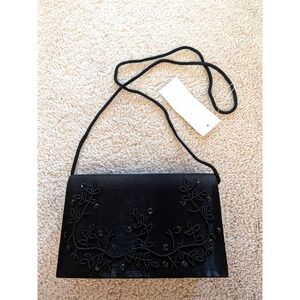 NWT Elegant Black Beaded Floral Evening Clutch Purse Wedding Gala Formal